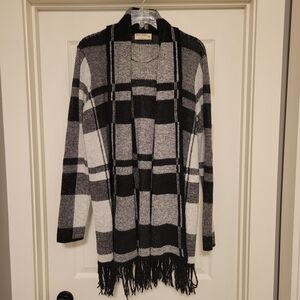 Ruff Hewn Black and White Checkered Cardigan with Fringe